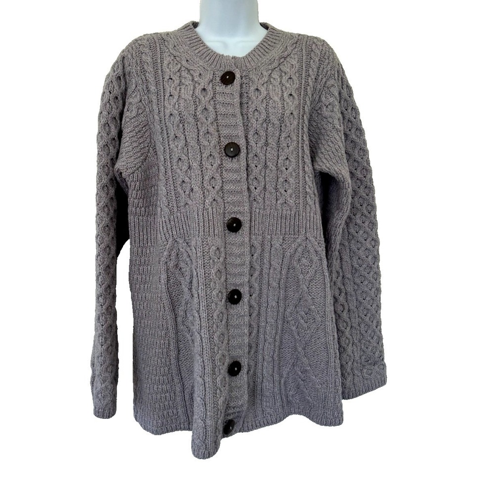 Kilronan Knitwear Cardigan Large Lavender Gray Merino Wool Ireland Cable Knit **